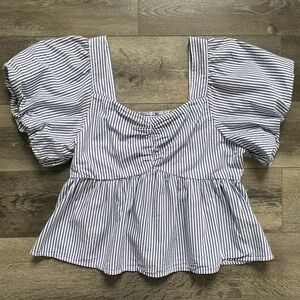 Old Navy | Puff-Sleeve Striped Ruched Smocked Babydoll Swing Blouse